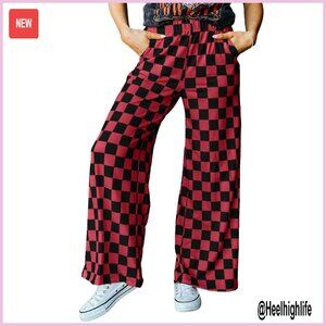 Wide Leg Checkerboard Pants - Red/Black